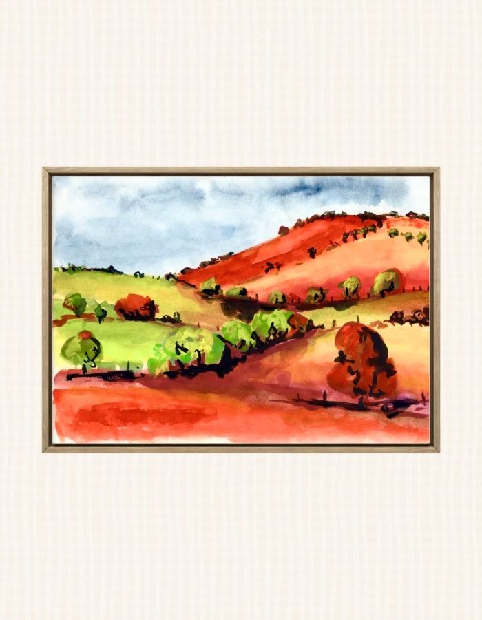 Watercolour art print of a whimsical, abstract landscape - Orange Rolling Hills, hand-painted by Laura Hamzic.