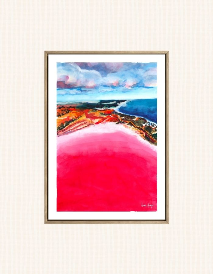 Watercolour art print of the vibrant Pink Salt Lakes, Esperance, Western Australia, hand-painted by Laura Hamzic.