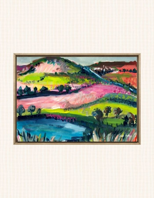Watercolour art print of a whimsical, abstract landscape - Pink Rolling Hills, hand-painted by Laura Hamzic.