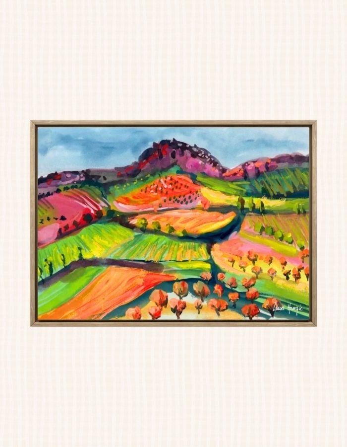 Watercolour art print of a whimsical, abstract landscape - Rainbow Valley, hand-painted by Laura Hamzic.