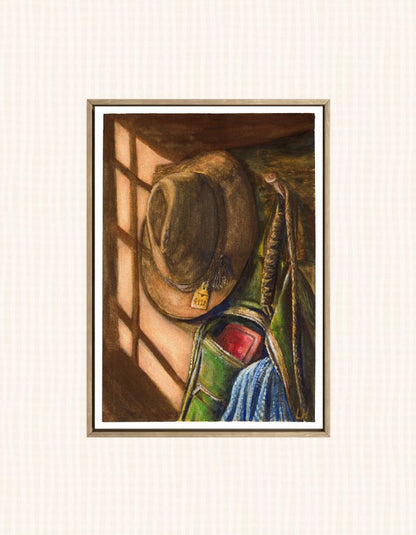 Rustic Australian country artwork of a hat rack with an Akubra, cattle tag, stock whip and school bag glowing in sunset light.