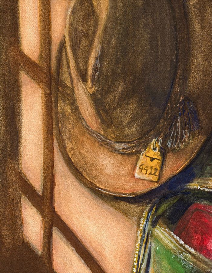 Sentimental country lifestyle artwork inspired by life on the land, with golden afternoon light falling across a hat rack and school bag.