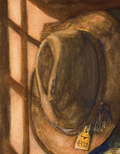 Gouache art print country scene featuring a worn Akubra hat hanging beside a school bag, lunch box and stock whip in warm evening light.
