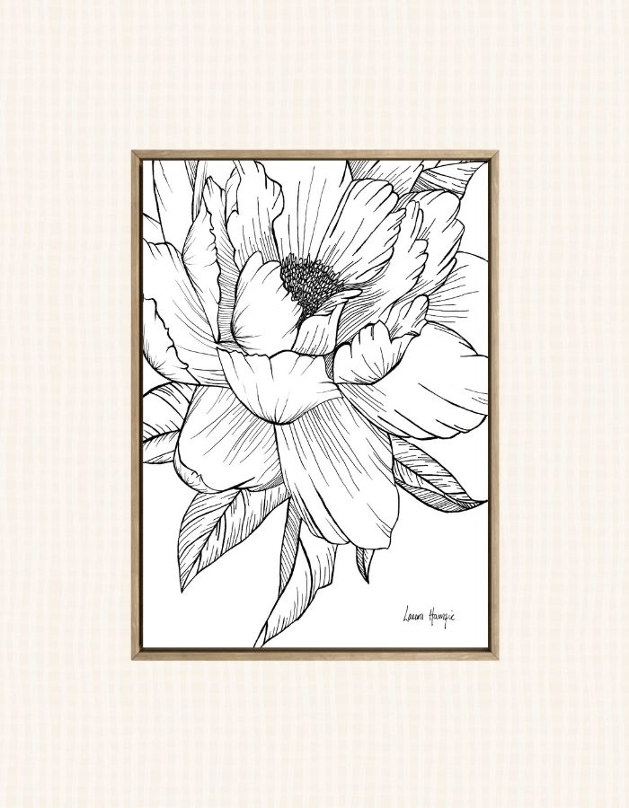Art print of an inky line art Peony flower with intricate details on the petals - hand-drawn by Laura Hamzic