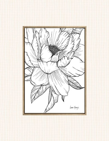 Art print of an inky line art Peony flower with intricate details on the petals - hand-drawn by Laura Hamzic