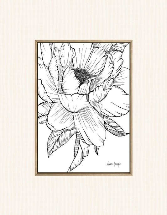 Art print of an inky line art Peony flower with intricate details on the petals - hand-drawn by Laura Hamzic