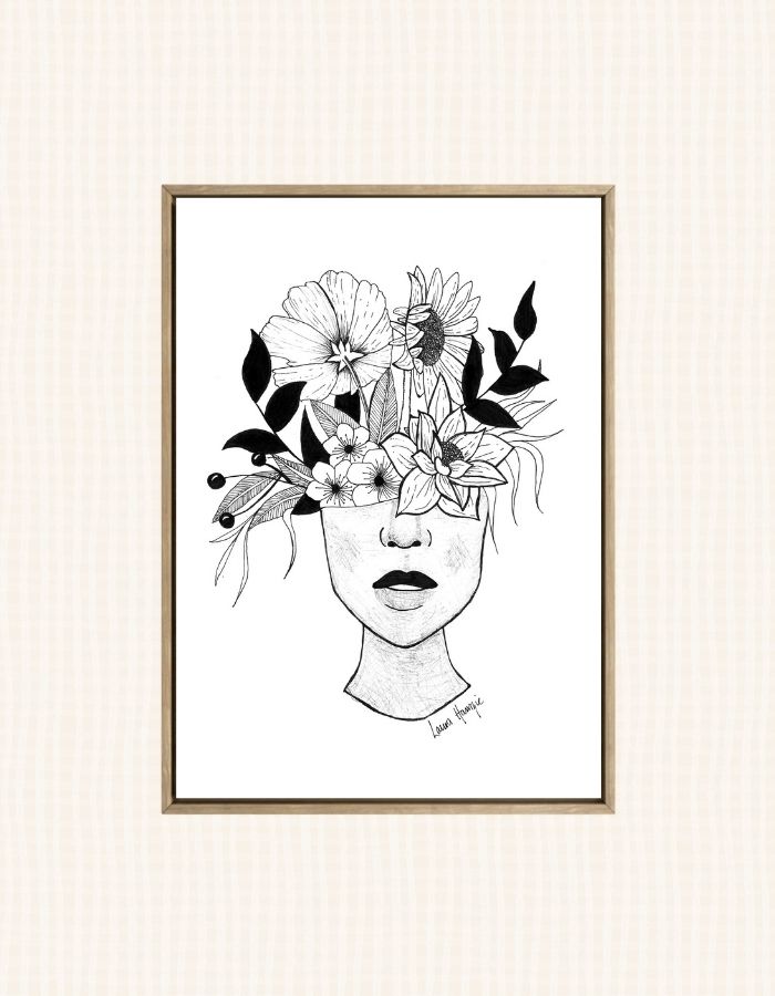 Art print of an inky line art woman with flowers growing out of her head - hand-drawn by Laura Hamzic