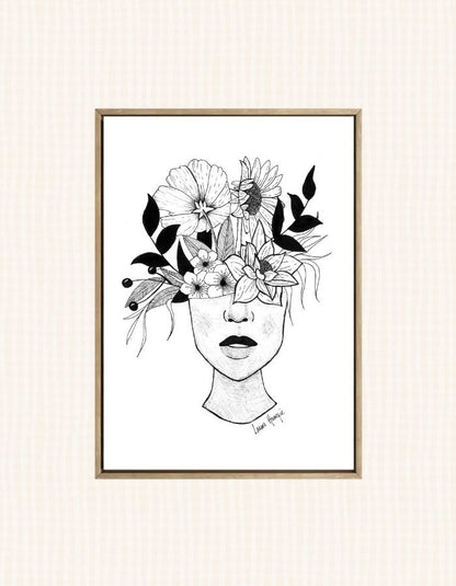 Art print of an inky line art woman with flowers growing out of her head - hand-drawn by Laura Hamzic