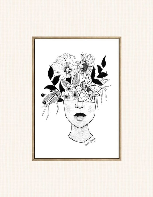 Art print of an inky line art woman with flowers growing out of her head - hand-drawn by Laura Hamzic
