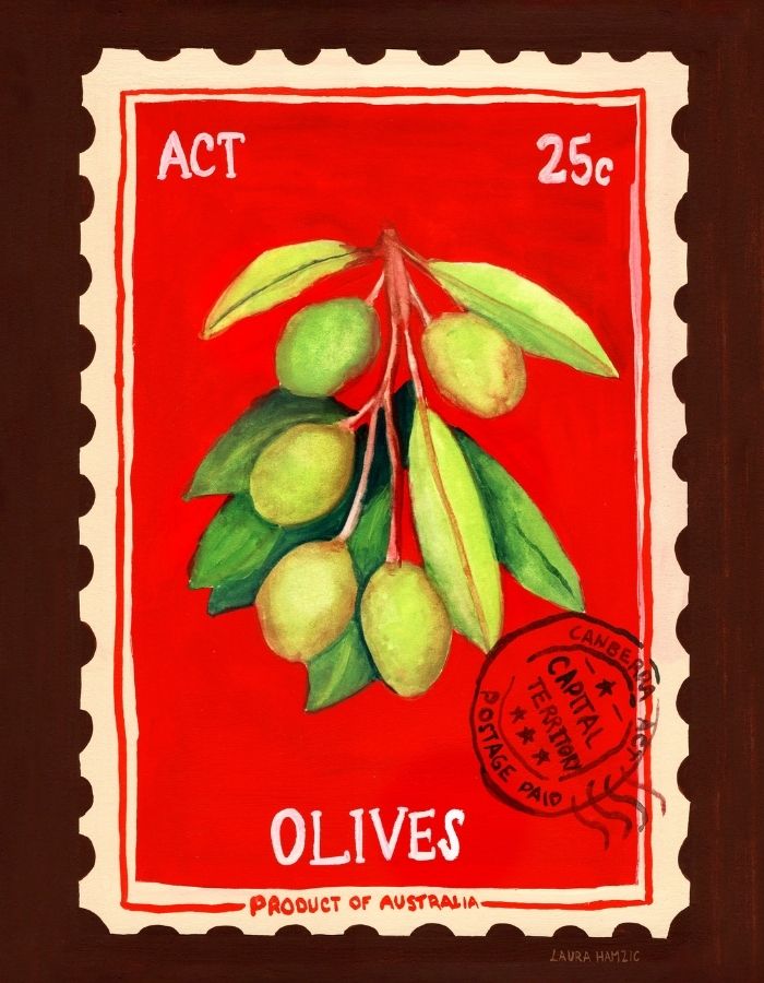 A postage stamp-style artwork featuring a branch of green olives with leaves on a bright red background, bordered by a cream scalloped edge and dark brown outer area. Text includes 'ACT', '25c', 'OLIVES', and 'Product of Australia'.