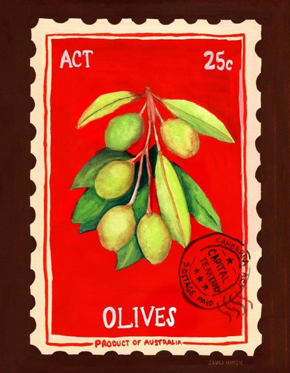 A postage stamp-style artwork featuring a branch of green olives with leaves on a bright red background, bordered by a cream scalloped edge and dark brown outer area. Text includes 'ACT', '25c', 'OLIVES', and 'Product of Australia'.