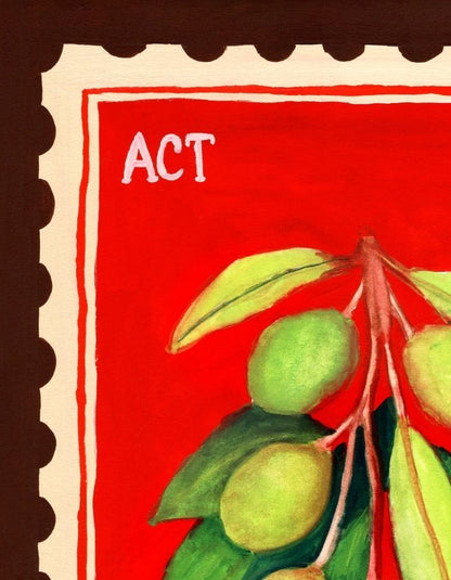 A close-up of a red illustrated label or sticker with scalloped cream edges, showing green leaves and olives on a branch, plus the white letters 'ACT' in the upper left.