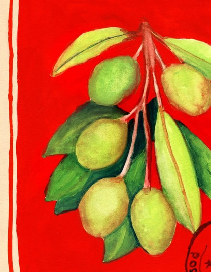 A watercolor painting of an olive branch with green olives and leaves against a vibrant red background.