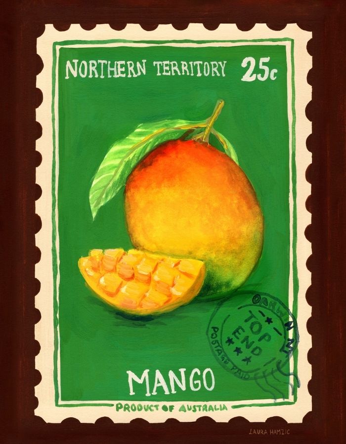 A vintage-style illustrated postage stamp featuring a mango and a mango slice on a green background, with the text 'NORTHERN TERRITORY 25c' and 'MANGO Product of Australia.' The stamp is shown centered within a dark brown border.
