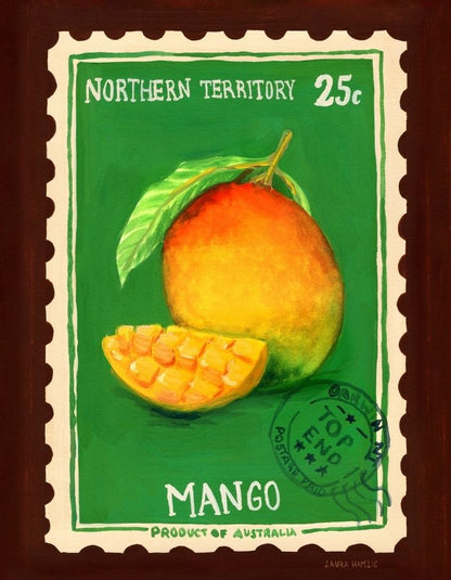 A vintage-style illustrated postage stamp featuring a mango and a mango slice on a green background, with the text 'NORTHERN TERRITORY 25c' and 'MANGO Product of Australia.' The stamp is shown centered within a dark brown border.
