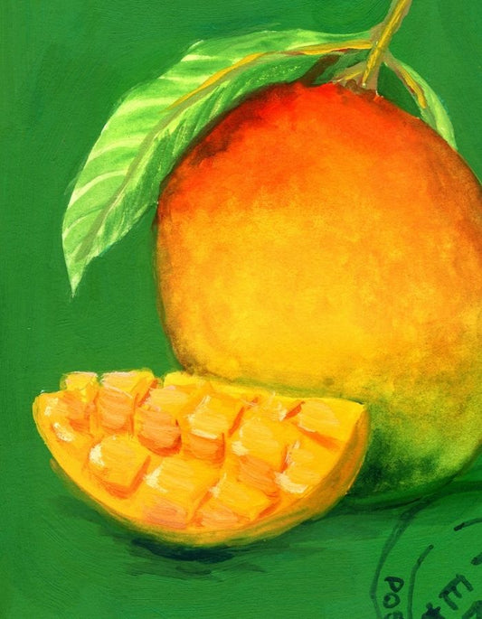 A colorful painted mango still life on a green background, with a whole mango, a cut mango showing the flesh, and a leaf.