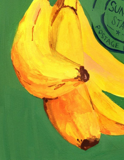 A close-up painting of a bunch of yellow and orange bananas on a textured green background, with a partial blue circular stamp visible in the upper right.
