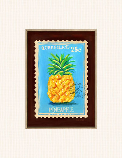 A framed art print depicting a vintage Queensland 25c postage stamp with a pineapple illustration, set against a light cream textured background.