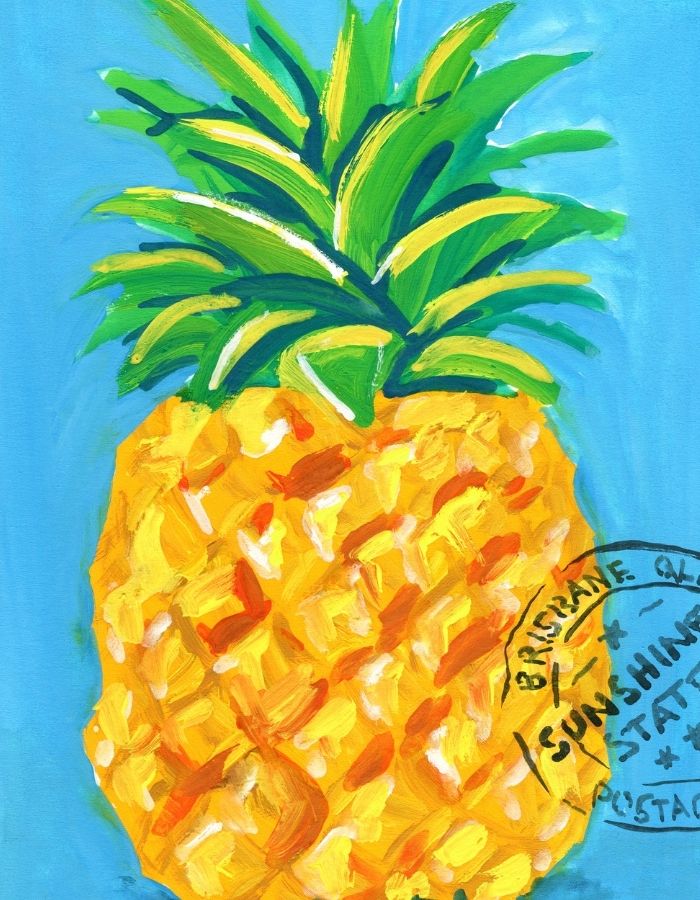 A colorful painted pineapple on a bright blue background, with a circular stamp reading 'Brisbane Sunshine Coast' over the lower right side.