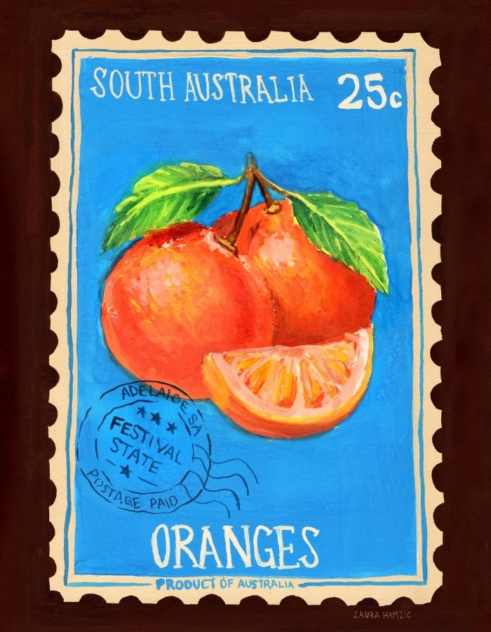 A vintage-style South Australia postage stamp illustration featuring painted oranges on a bright blue background, with 'SOUTH AUSTRALIA', '25c', and 'ORANGES' printed in white. The stamp is centered on a dark brown background.