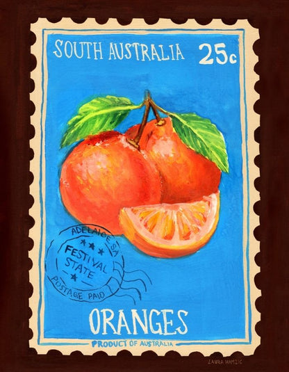 A vintage-style South Australia postage stamp illustration featuring painted oranges on a bright blue background, with 'SOUTH AUSTRALIA', '25c', and 'ORANGES' printed in white. The stamp is centered on a dark brown background.