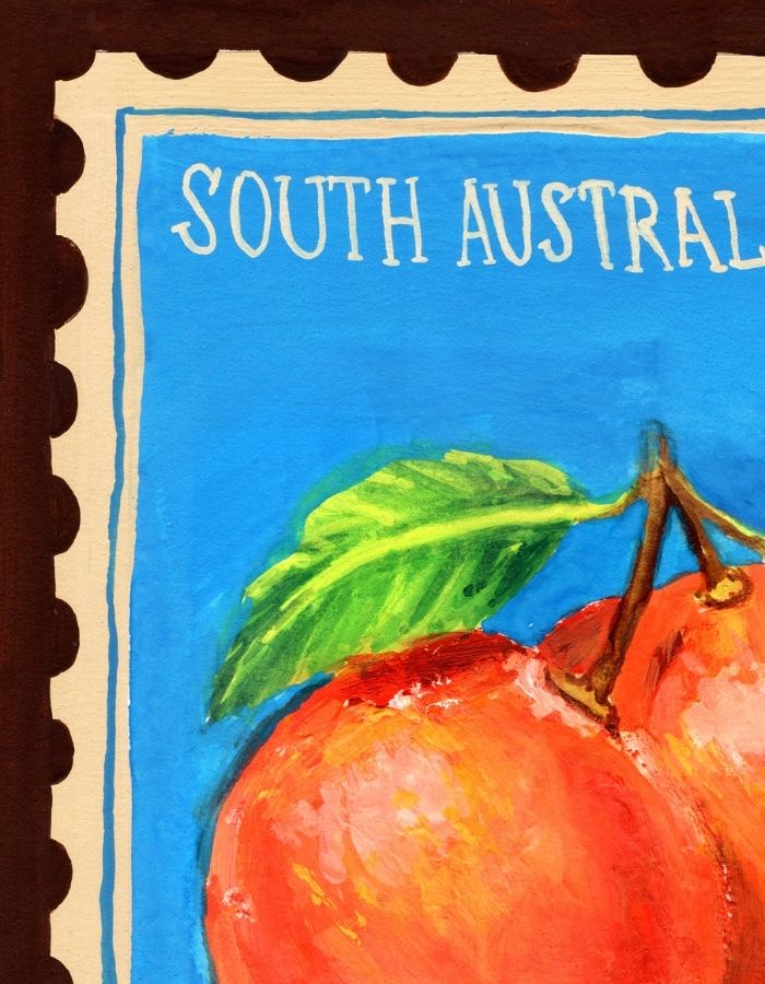 A close-up of a postage stamp-style artwork featuring the words 'SOUTH AUSTRAL' at the top and a painted red fruit with a green leaf on a bright blue background.
