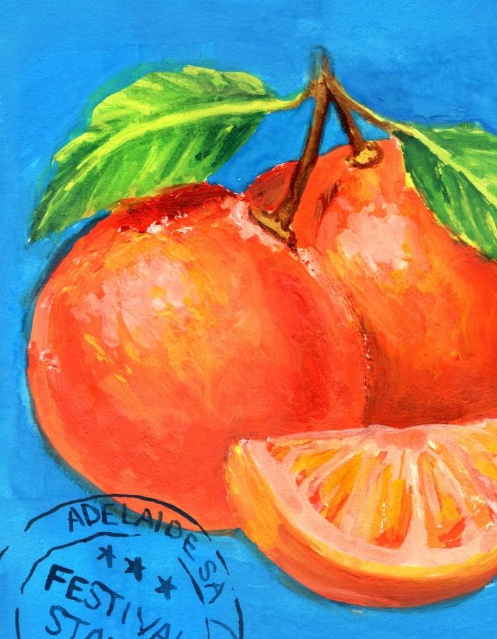 A colorful painted fruit illustration showing two orange fruits with green leaves and a sliced orange wedge, set against a bright blue background. A circular stamp reading Adelaide Festival 1981 is visible in the lower left corner.