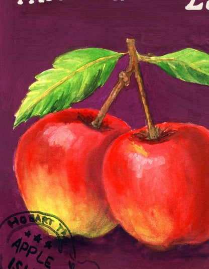 A painted artwork showing two red apples with green leaves on a dark purple background. A partial circular stamp reading "HOBART APPLE" is visible near the lower left.