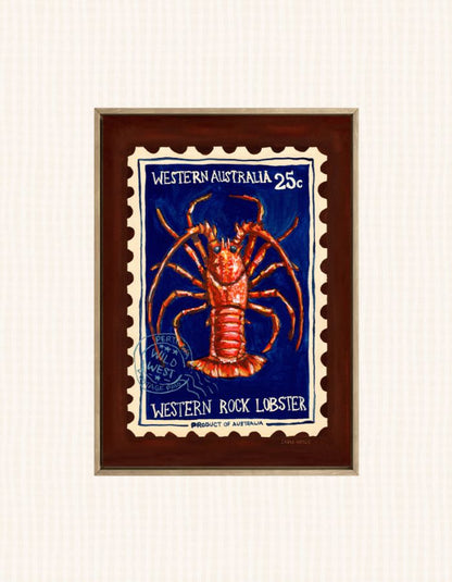 A framed art print depicting a vintage Australian 25c postage stamp illustration of a Western Rock Lobster, set against a cream-colored textured background.