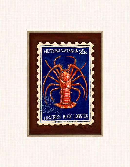 A framed art print depicting a vintage Australian 25c postage stamp illustration of a Western Rock Lobster, set against a cream-colored textured background.