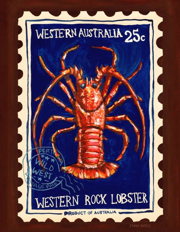 A postage stamp-style artwork featuring a painted rock lobster centered on a dark blue background, with the text 'WESTERN AUSTRALIA 25c' at the top and 'WESTERN ROCK LOBSTER' at the bottom. The stamp has a cream perforated border and is shown against a dark brown background.