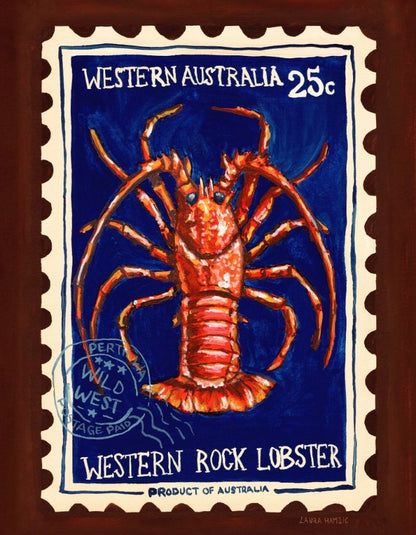 A postage stamp-style artwork featuring a painted rock lobster centered on a dark blue background, with the text 'WESTERN AUSTRALIA 25c' at the top and 'WESTERN ROCK LOBSTER' at the bottom. The stamp has a cream perforated border and is shown against a dark brown background.