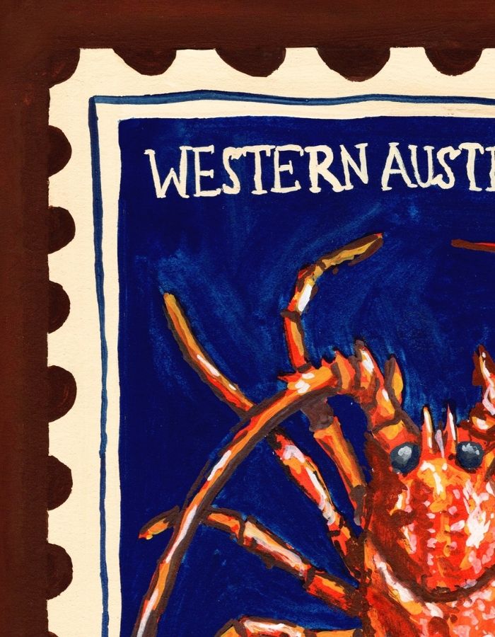 A close-up of a postage stamp-style artwork featuring a large orange-red crab on a deep blue background, with the words "WESTERN AUSTRALIA" at the top and a scalloped cream border.