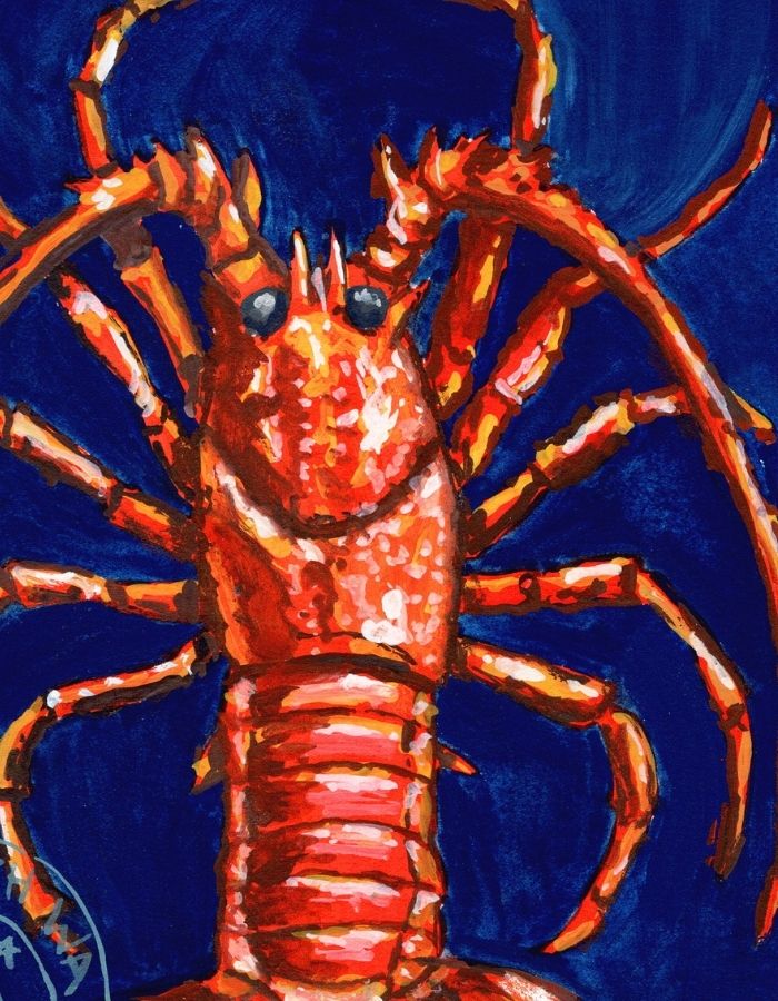 A close-up painting of a red-orange lobster against a deep blue background.