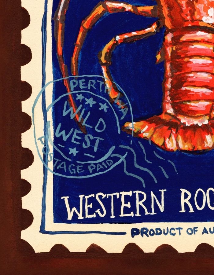 A close-up of a postage stamp-style artwork featuring a red lobster on a dark blue background with cream border details and the words 'WESTERN ROO' and 'PERTHWA WILD WEST POSTAGE PAID'.
