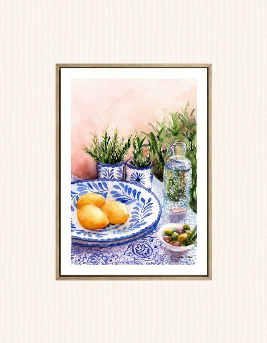 Watercolour art print of a beautiful greek table setting -  blue and white china pattern, rosemary in a delicate vase and lemons, hand-painted by Laura Hamzic.