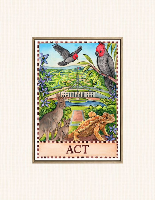 Australian Capital Territory souvenir art print featuring Canberra landmarks and cultural icons