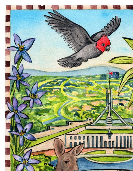 ACT travel souvenir print capturing national monuments and city architecture