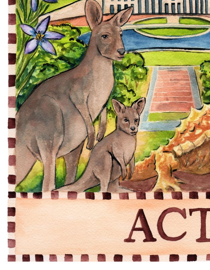 Australia ACT souvenir print inspired by national institutions and city landscapes