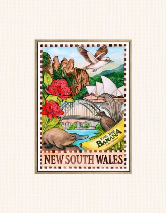 New South Wales Australia souvenir art print featuring Sydney icons and coastal landmarks in watercolour