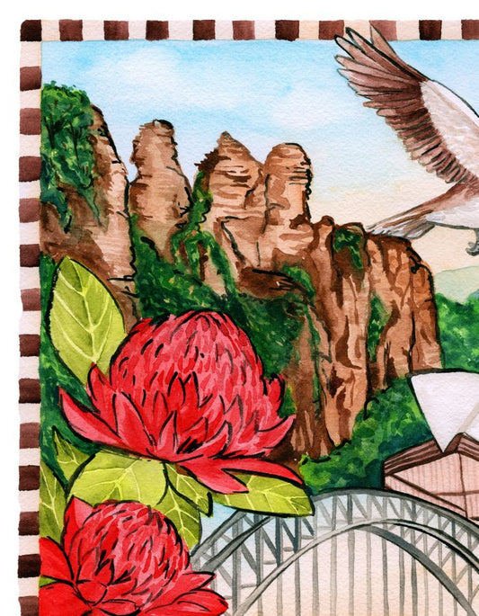 NSW travel souvenir print capturing iconic Australian locations and city to coast lifestyle