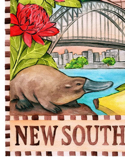New South Wales wall art souvenir featuring hand-painted landmarks and harbour views