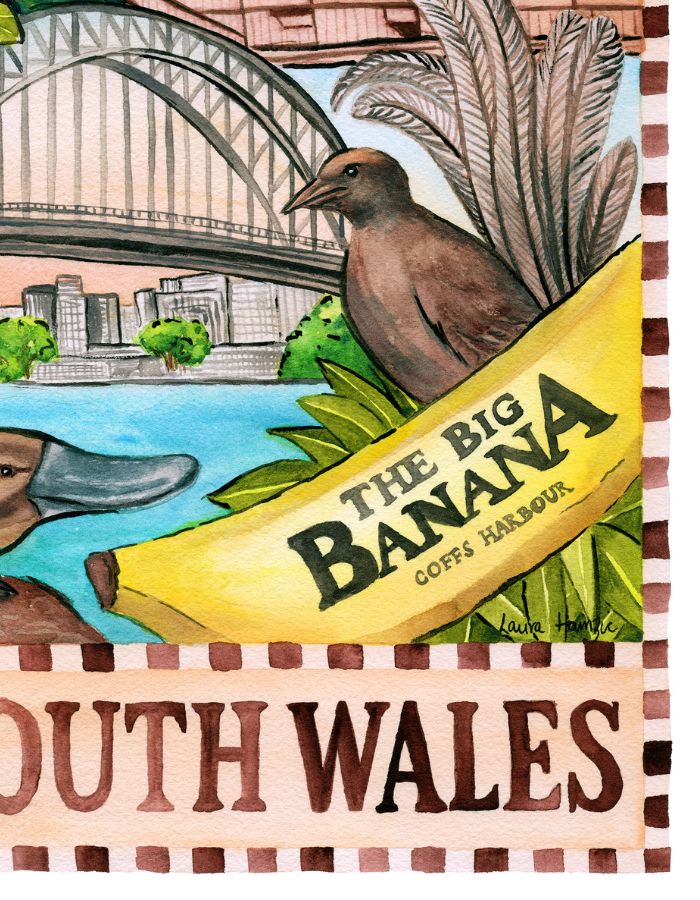 Australian NSW souvenir print inspired by beaches, city life and recognisable landmarks