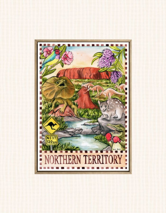 Northern Territory souvenir art print featuring red desert landscapes and iconic outback elements