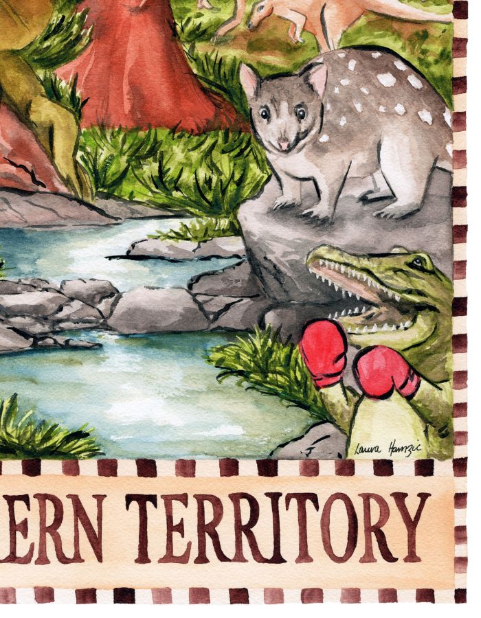 Australia NT souvenir print inspired by red earth, tropical north and iconic landmarks