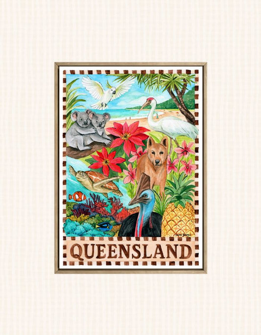 Watercolour Queensland art print featuring tropical icons, Brisbane elements and coastal details inspired by the Sunshine State