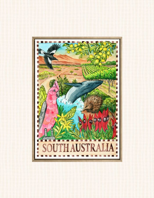 South Australia souvenir art print featuring vineyards, coastline and outback tones in watercolour