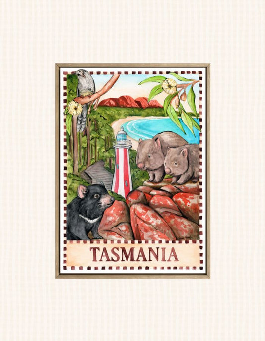Tasmania Australia souvenir art print featuring rugged coastline and natural landscapes in watercolour