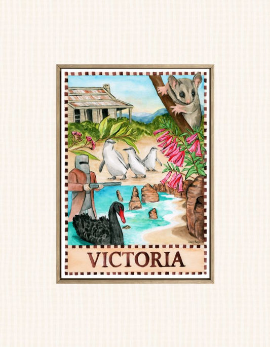 Victoria Australia souvenir art print featuring Melbourne culture and coastal scenery in watercolour