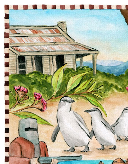 Melbourne Victoria travel souvenir print capturing iconic city and lifestyle elements